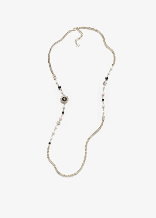 Long necklace - Metal, resin, glass pearls & strass, gold