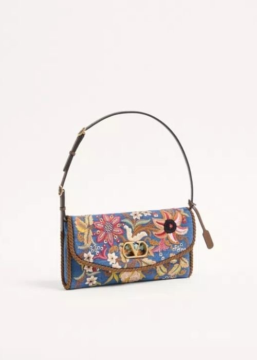 Valentino Garavani DeVain Small Shoulder Bag in Embroidered Denim
