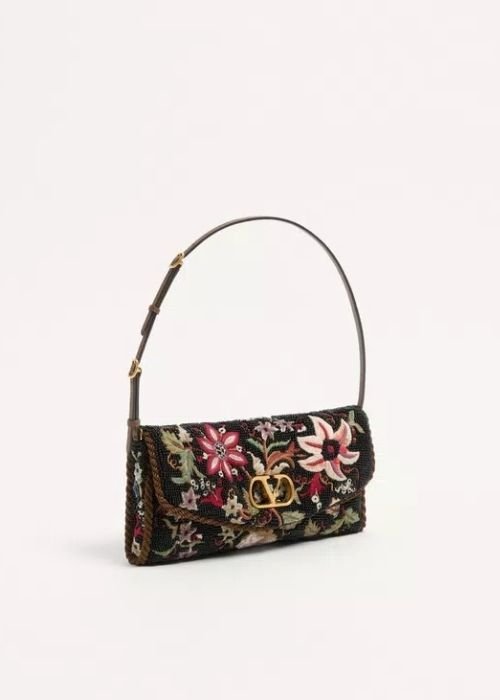 Valentino Garavani DeVain Embroidered Small Shoulder Bag in Black Satin/Velvet Base