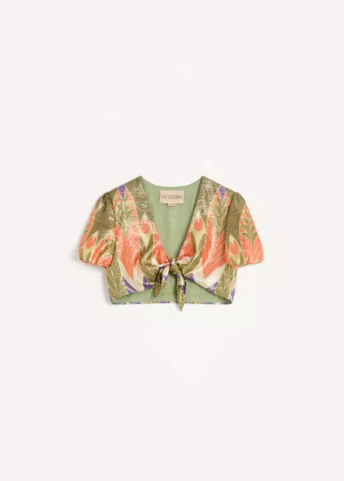 Valentino Printed Silk-Blend Crop Top in Green 
