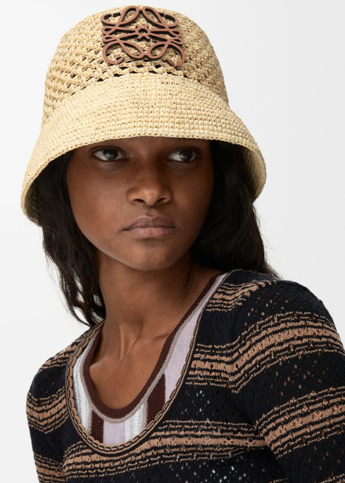 LOEWE Anagram Bucket Hat in Raffia and Calfskin