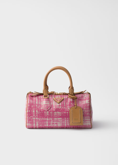 Prada Small Linen Blend and Leather Top-Handle Bag in Begonia Pink