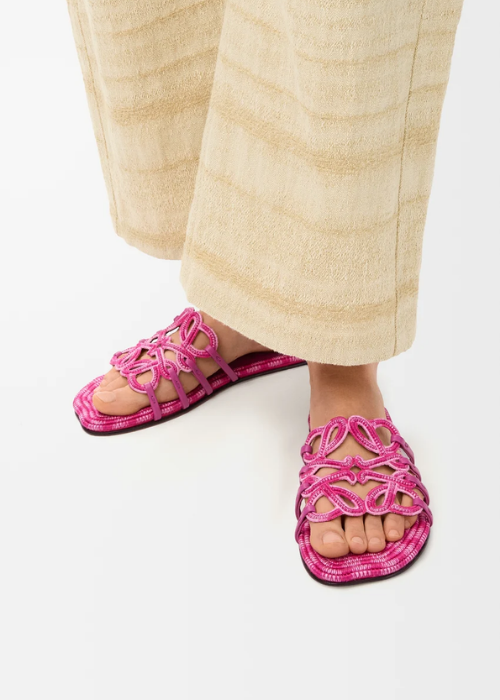 LOEWE x Paula's Ibiza Petal Anagram Slide in Embroidered Canvas in the Orchid Pink colorway.